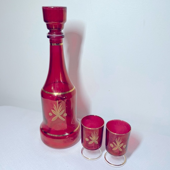 Vintage MCM Ruby Red and Gold Decanter Set - Picture 1 of 6